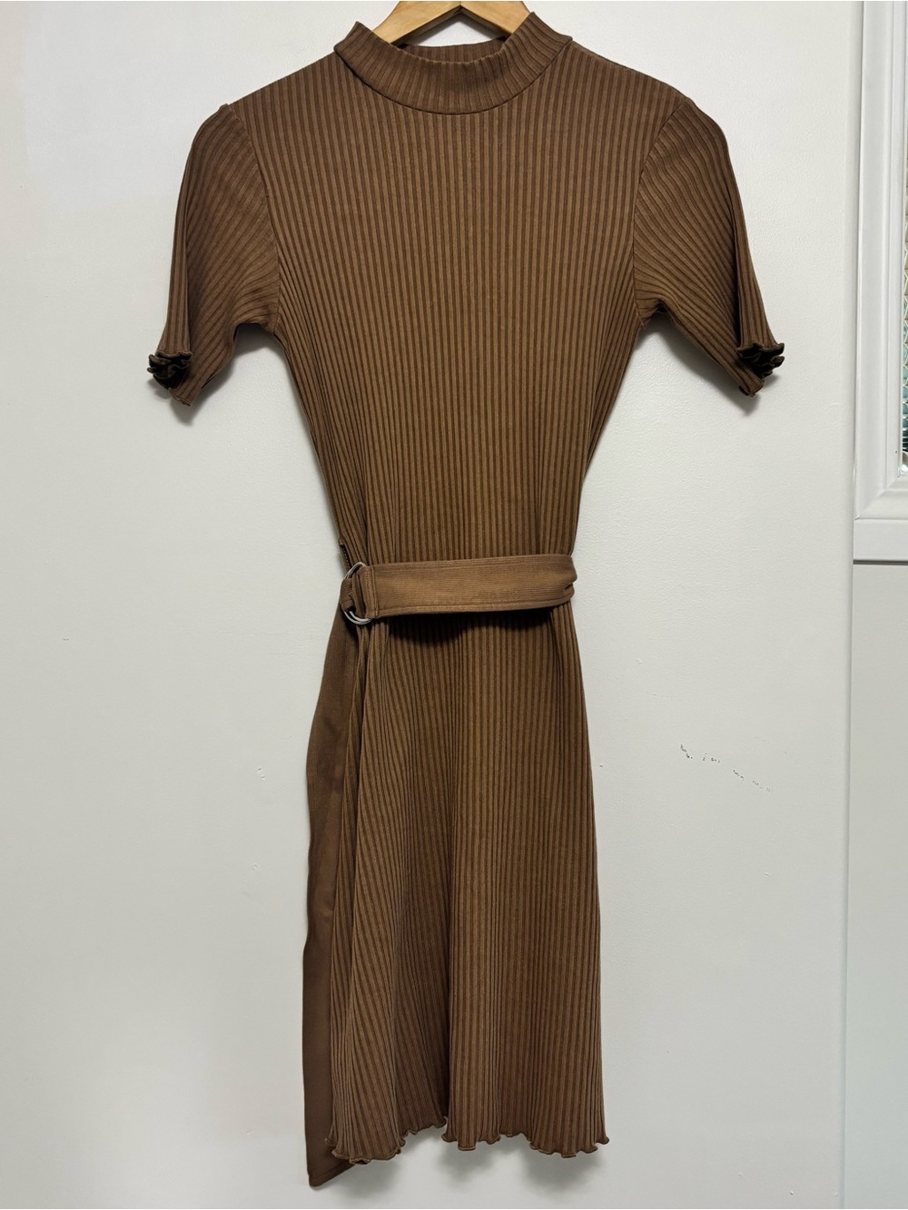 Twik Ribbed Short Sleeve Midi Dress with Belt Brown Size Small